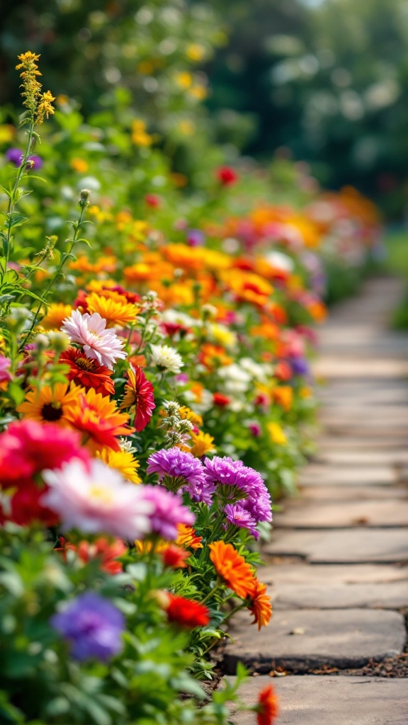 A vibrant flower border along a stone path, showcasing various colorful blooms.