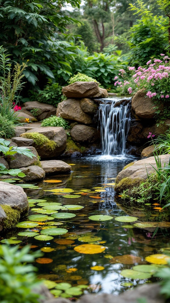 A serene garden with a small waterfall flowing into a pond surrounded by stones and colorful flowers.