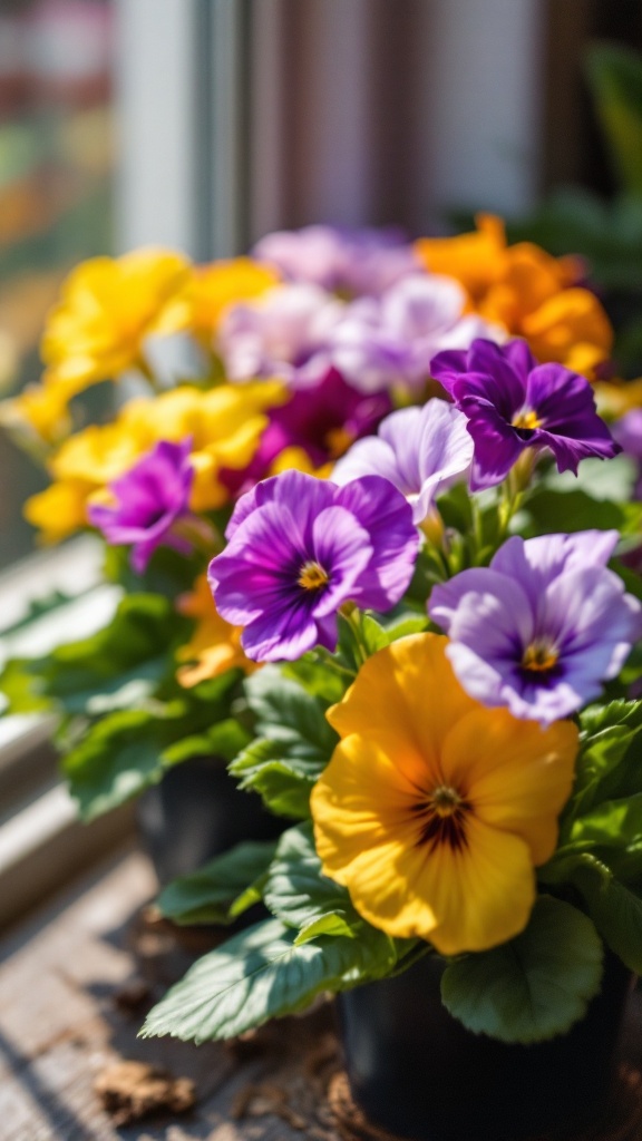 Colorful African violets in pots, featuring purple, yellow, and white flowers.