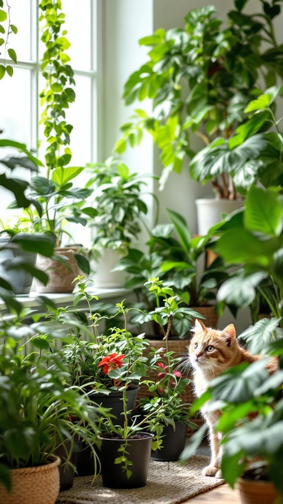 A cat exploring a variety of air-purifying plants indoors.