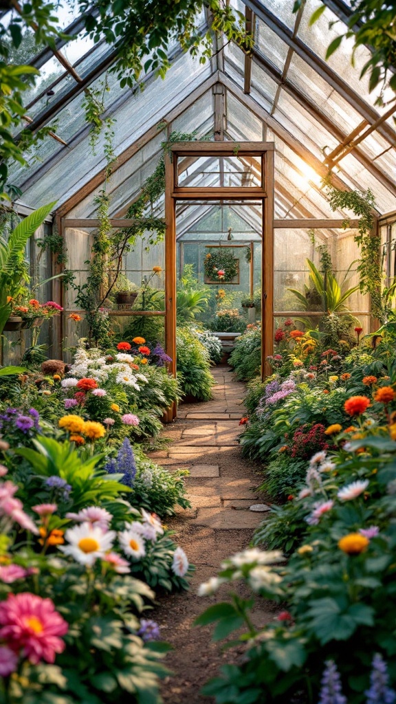 A lush greenhouse filled with colorful flowers and plants, sunlight streaming in through the glass roof.