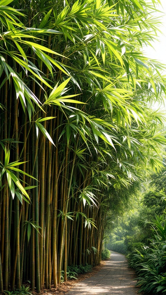 A winding path surrounded by tall bamboo plants, providing a natural privacy screen.