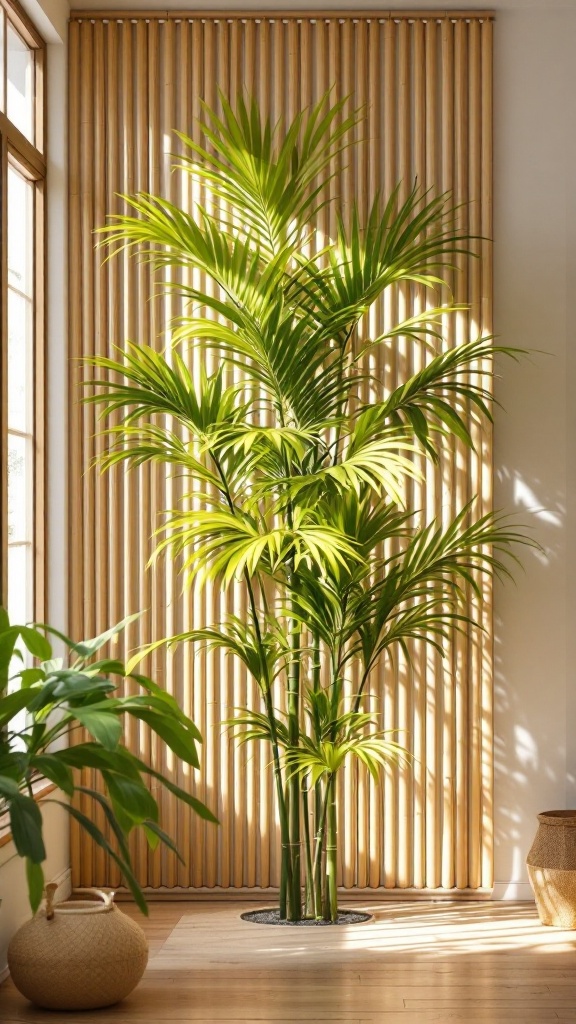 A bamboo palm tree in a well-lit room with wooden slats in the background.