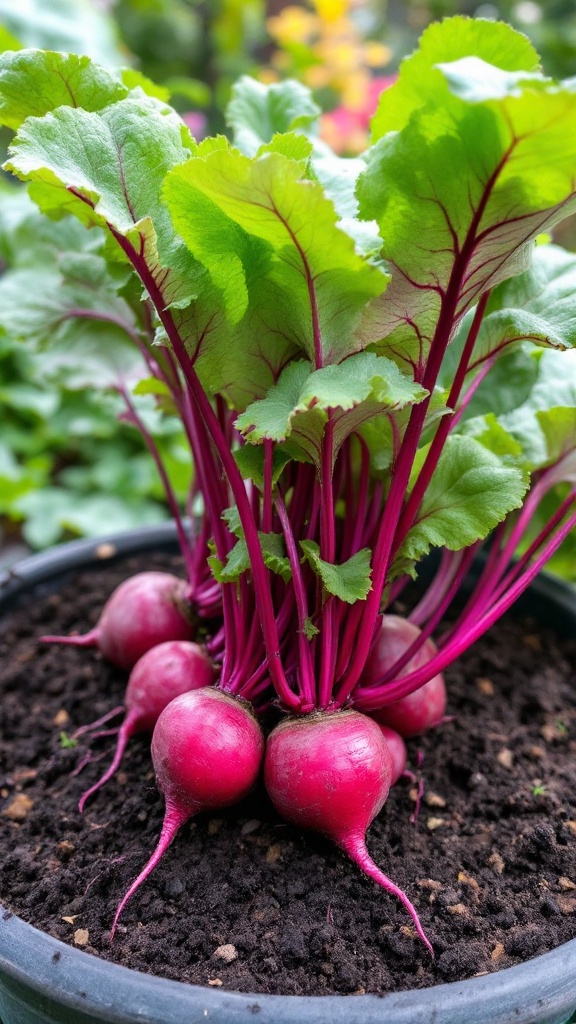 Fresh beets with green leaves growing in a pot.