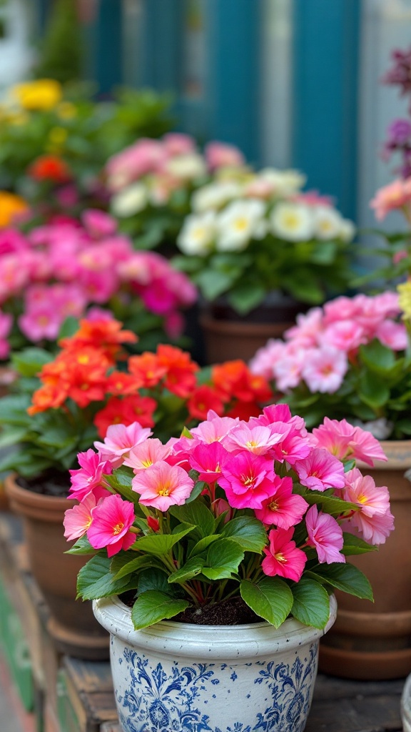 Colorful begonias in various pots, showcasing vibrant pink, orange, and yellow flowers.