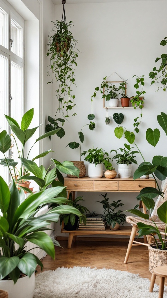 A cozy room filled with various low light plants, including pothos and snake plants, enhancing the space.