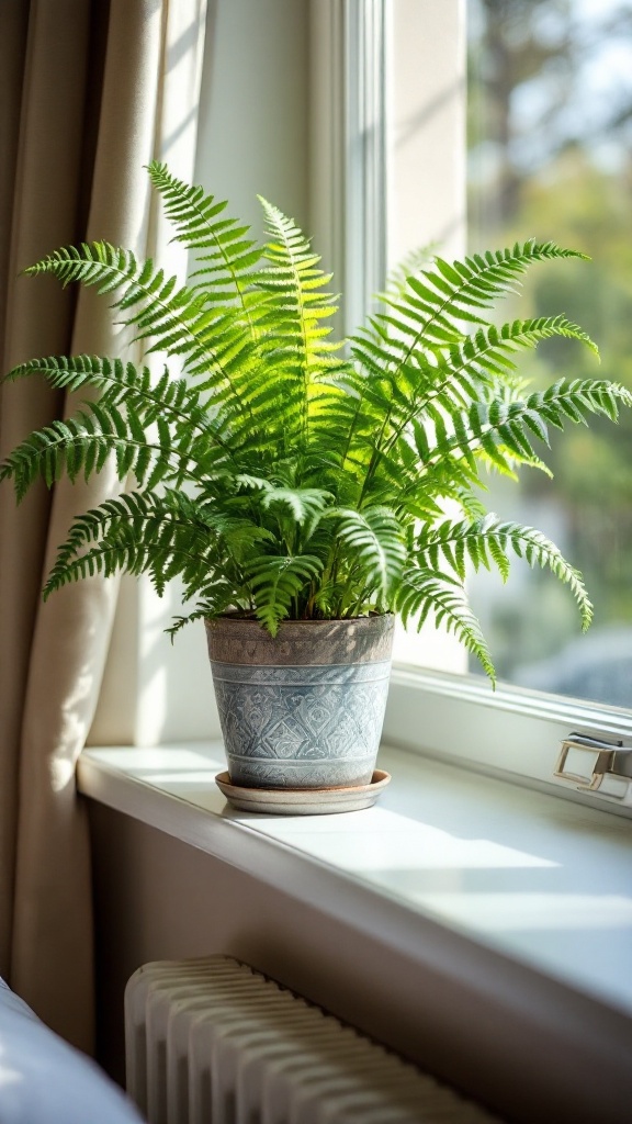 A Boston fern in a decorative pot sitting on a windowsill