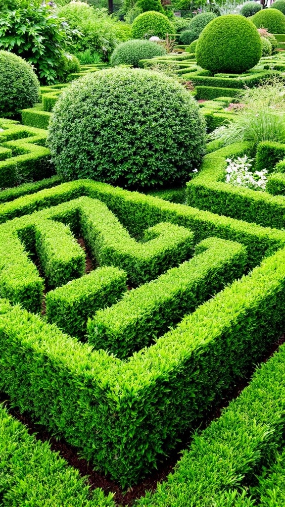 A beautifully manicured boxwood garden with various geometric shapes.