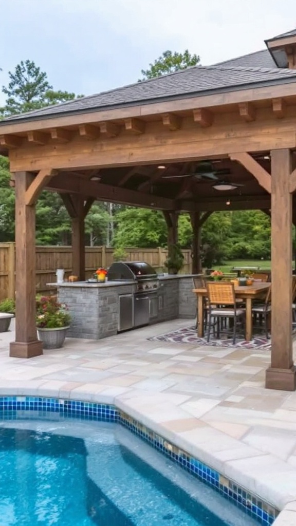 A beautifully designed outdoor kitchen with a grill and dining area near a pool.