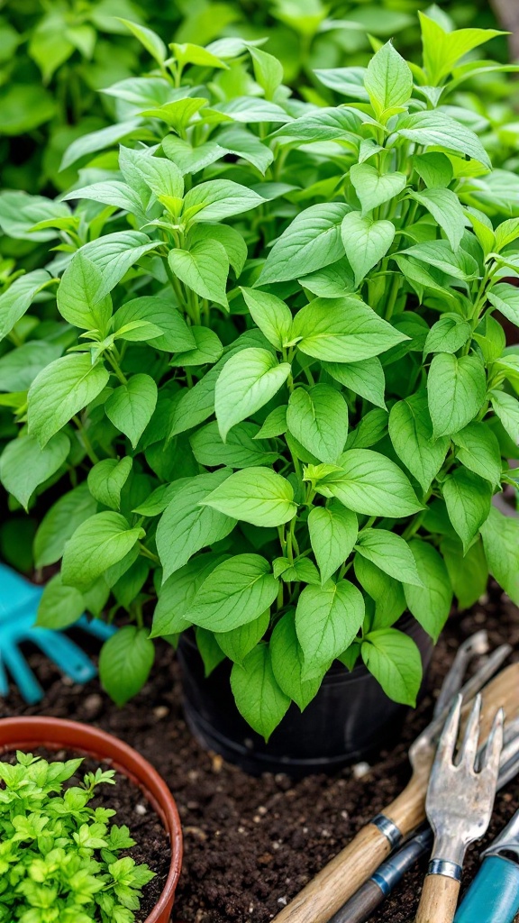 A lush green bush bean plant in a pot, surrounded by garden tools and soil.