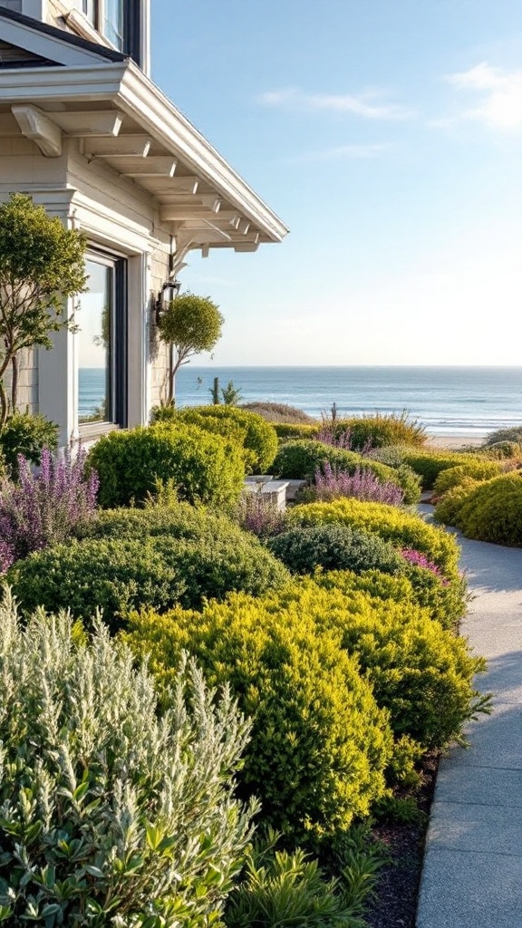 Lush bushes lining a pathway by the beach, with a view of the ocean in the background.