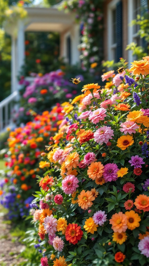 A colorful garden filled with various flowers attracting bees and butterflies.