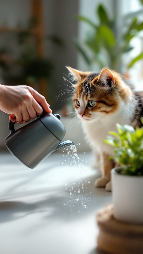 A cat curiously watching a person water a small plant.