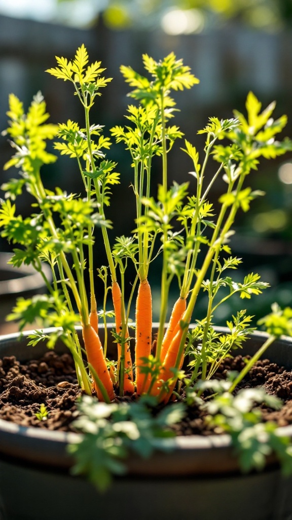 A close-up of carrot tops and orange carrots growing in a deep container with rich soil.