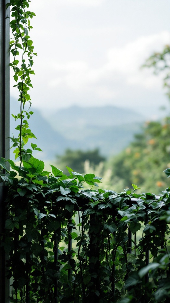 Cascading green plants hanging over a balcony railing with a scenic view in the background.