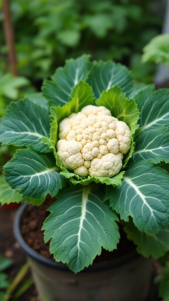 Close-up of a compact cauliflower plant with vibrant green leaves and a healthy head.