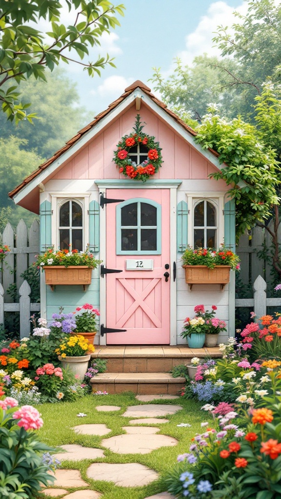 A charming cottage-style chicken coop with pastel colors and flower boxes, surrounded by a colorful garden.