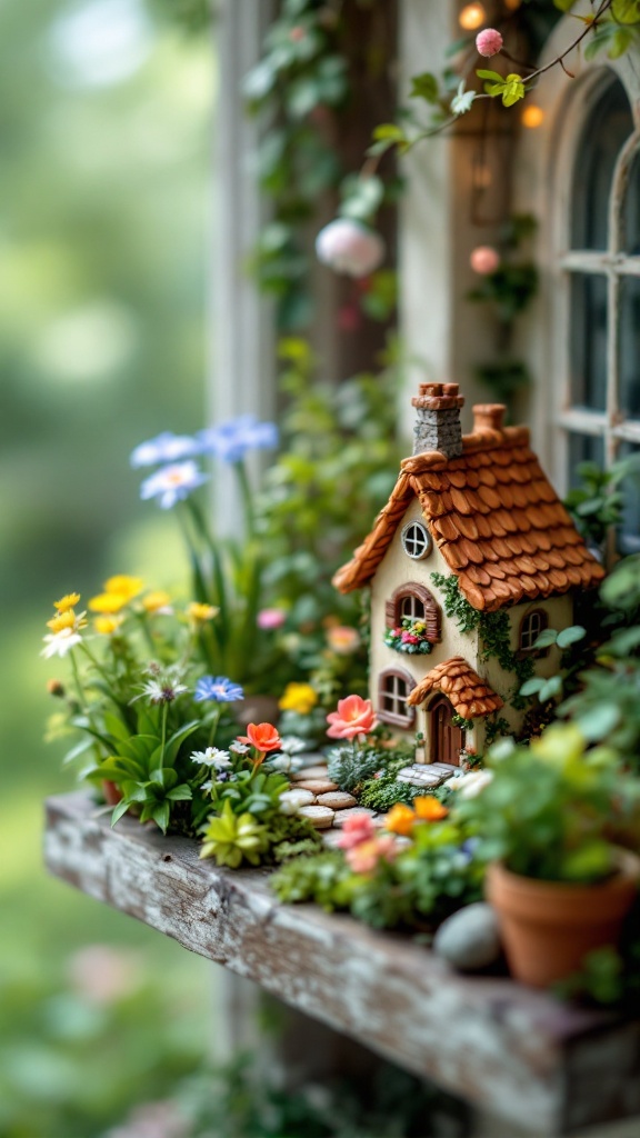 A miniature fairy garden featuring a small house surrounded by colorful flowers and greenery.