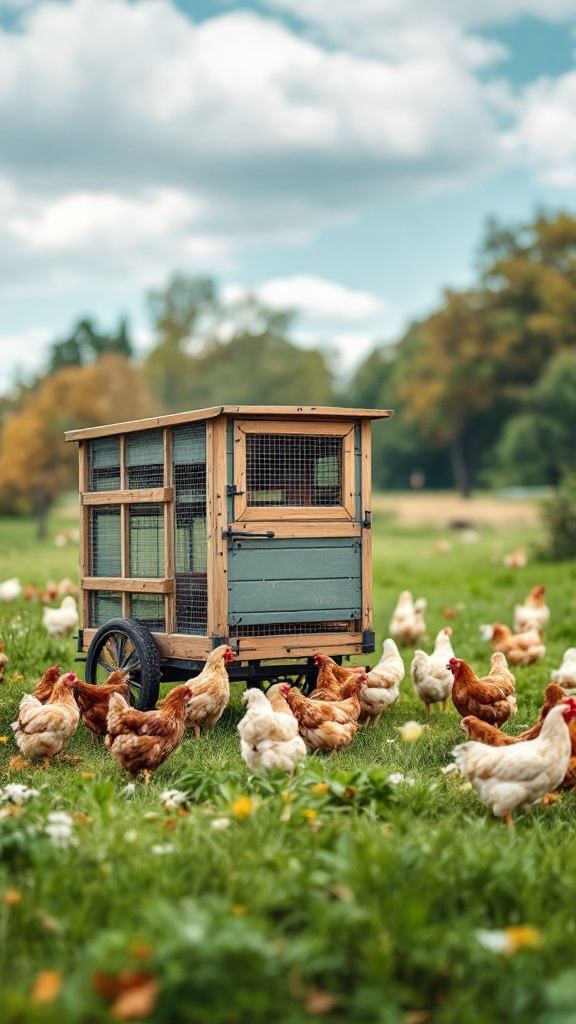 A mobile chicken tractor surrounded by chickens in a grassy field.