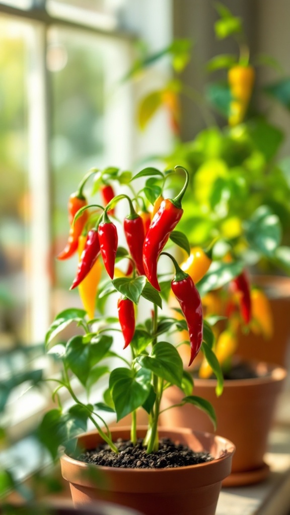 A close-up of red and yellow chili pepper plants in terracotta pots