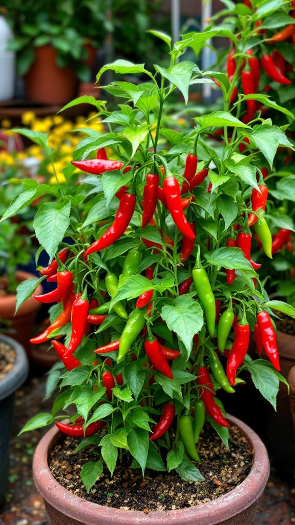 A vibrant container filled with red and green chili peppers, showcasing their lush foliage and bright colors.