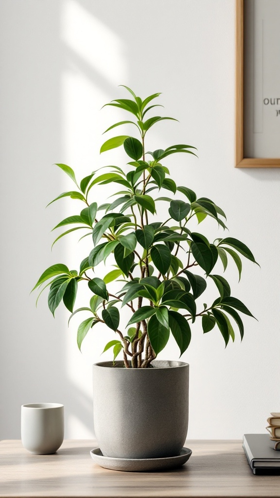 A Chinese Evergreen plant in a pot on a wooden table, with a cup and books beside it.