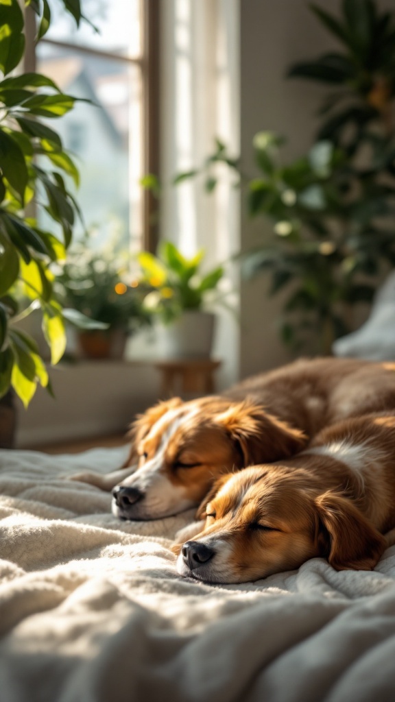 Two dogs sleeping peacefully on a blanket near a sunny window surrounded by plants.