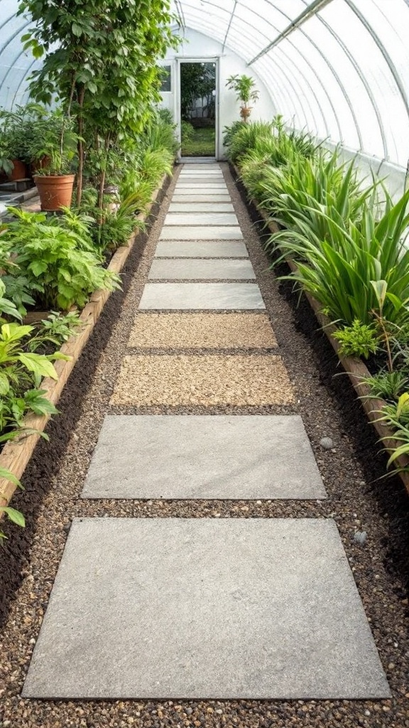 A pathway made of large stone slabs and gravel, surrounded by greenery in a greenhouse.