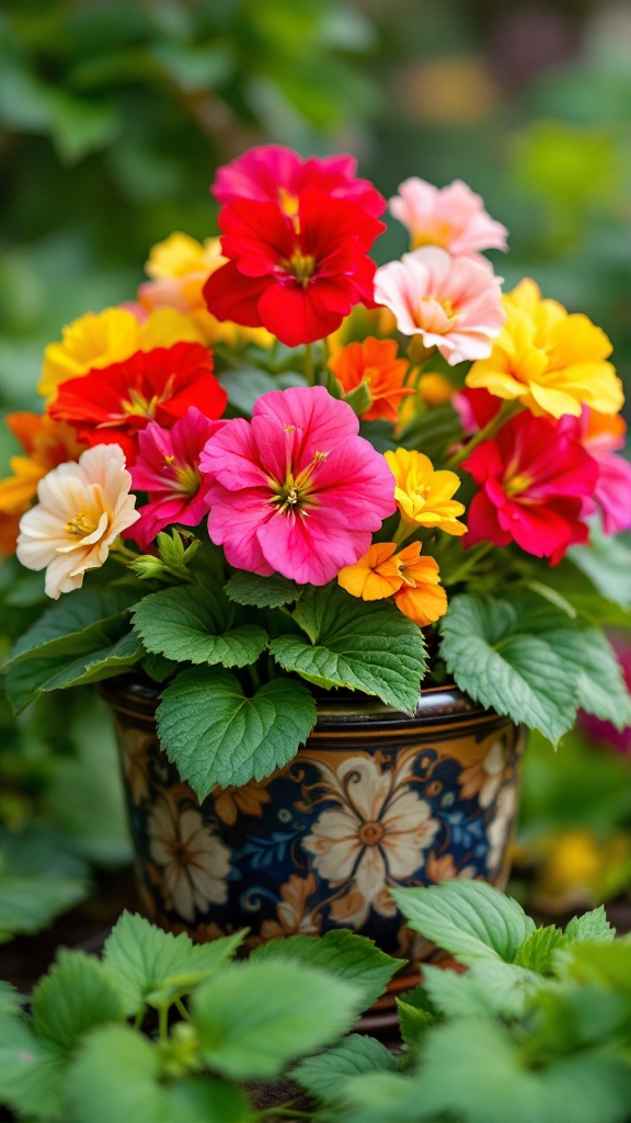 Colorful geraniums in a decorative pot