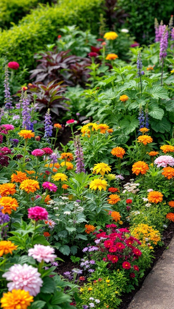 A vibrant garden filled with various colorful flowers alongside a pathway.