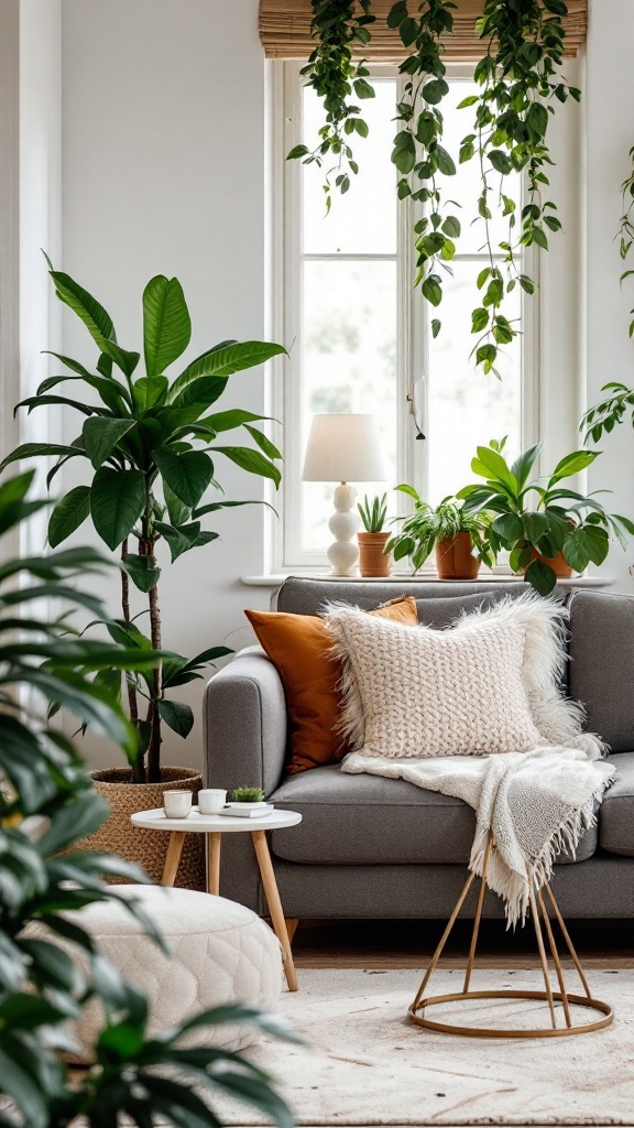 A cozy living room with various indoor plants and a comfy sofa, showing a blend of style and safety.