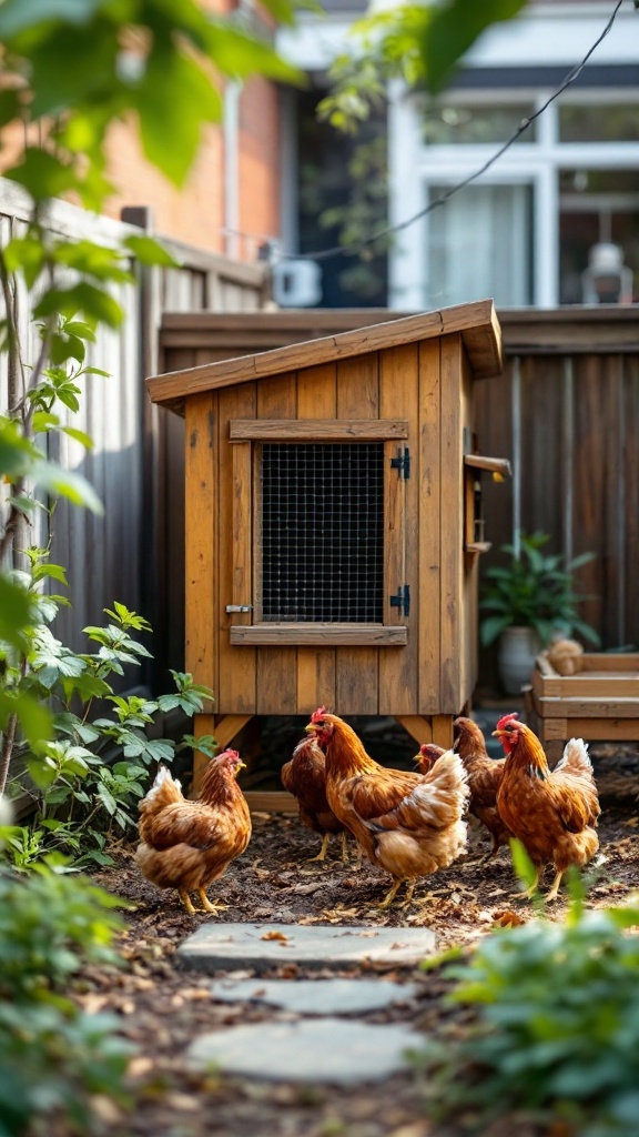 A small wooden chicken coop with chickens outside in a backyard.