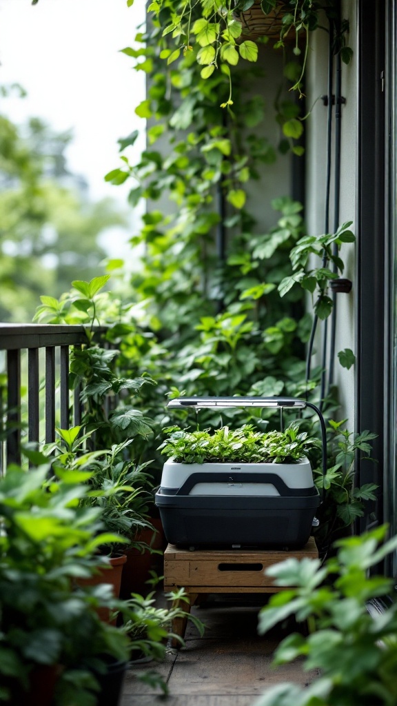 A compact hydroponic garden on a small balcony surrounded by lush green plants.