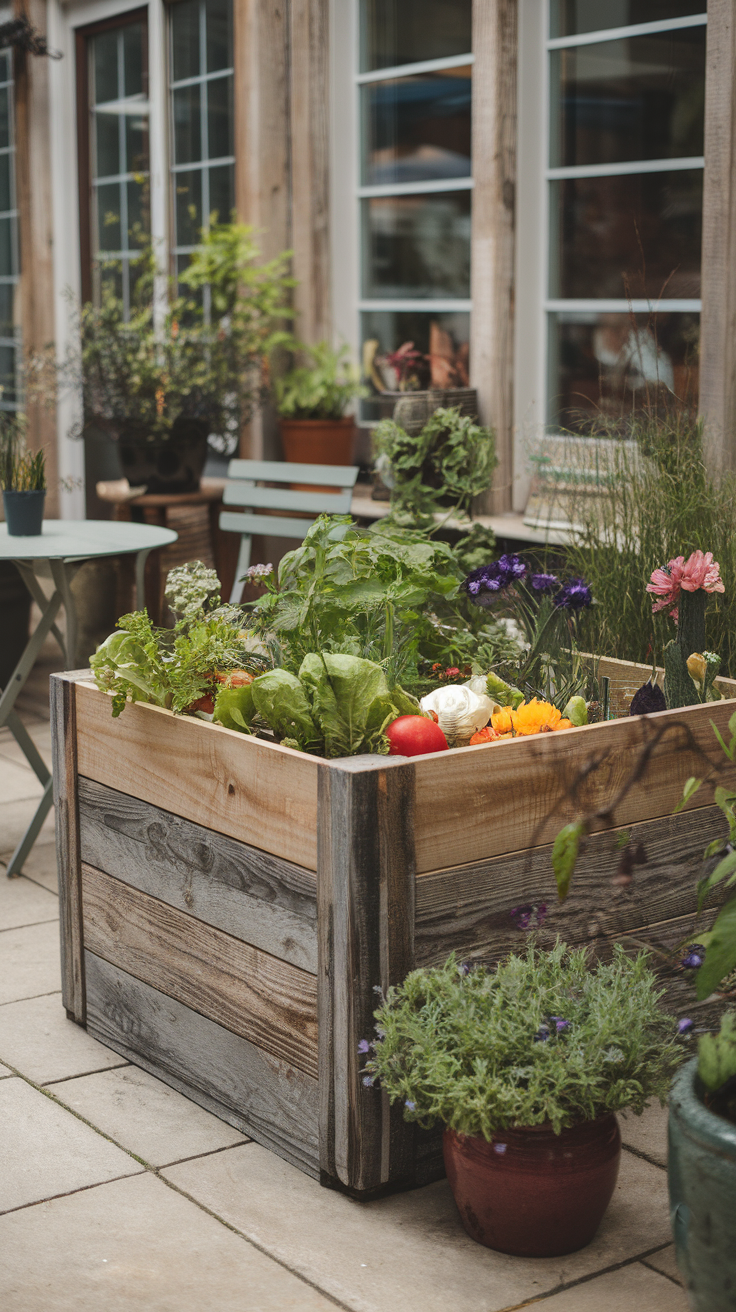 A wooden raised garden bed filled with various vegetables and flowers, surrounded by potted plants and a small table and chairs.