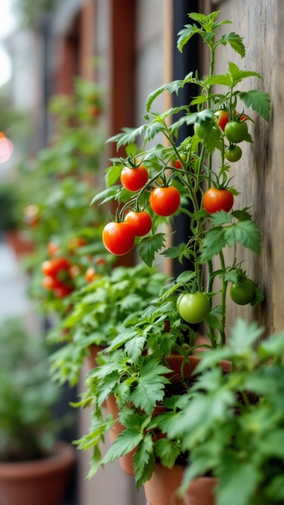 A row of potted compact tomato plants with red and green tomatoes growing.