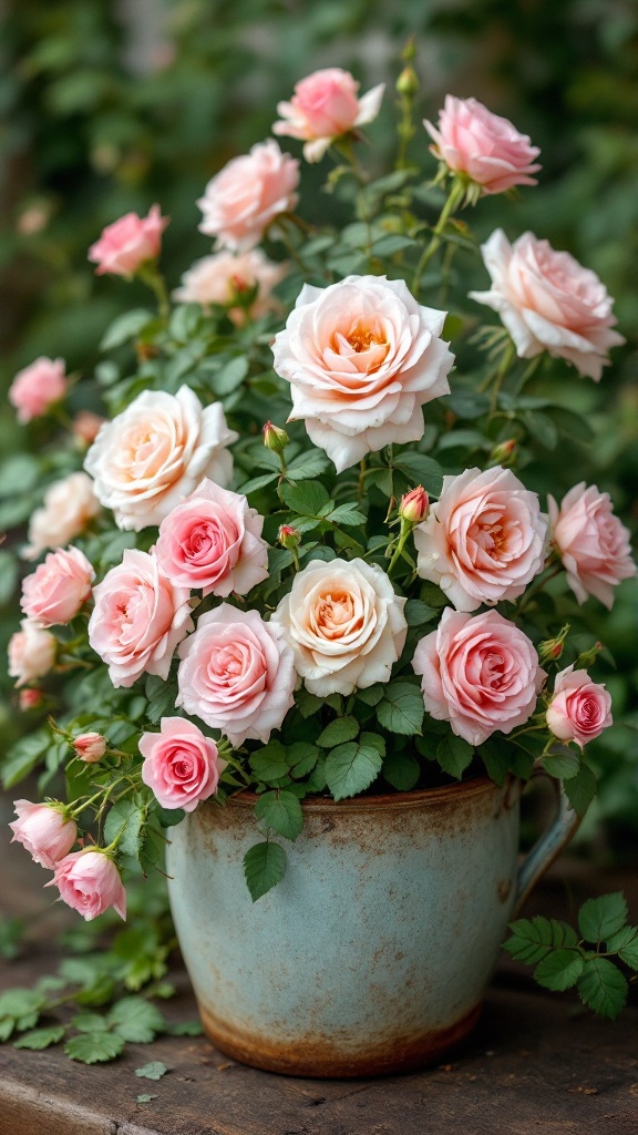 A beautiful arrangement of pink and cream roses in a rustic blue pot.