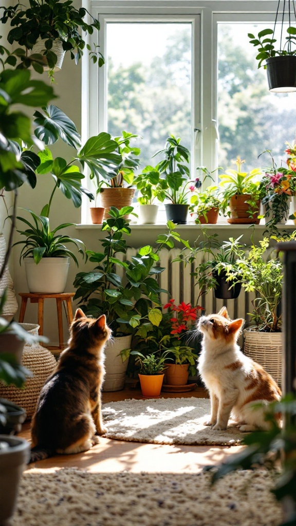 A cozy indoor garden with two cats sitting on a rug, looking at the plants by the window.