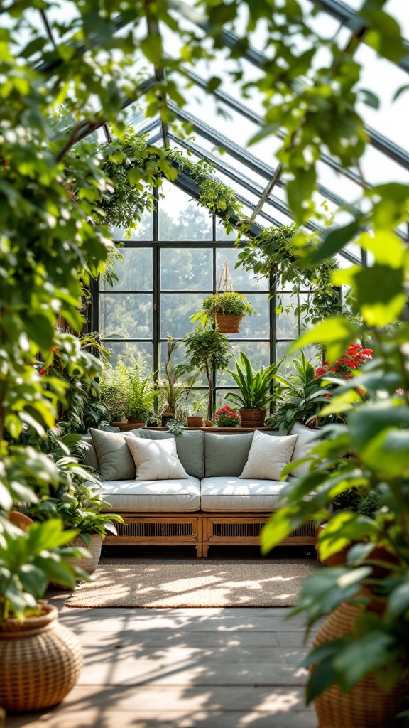 Cozy relaxation area in a greenhouse surrounded by plants.