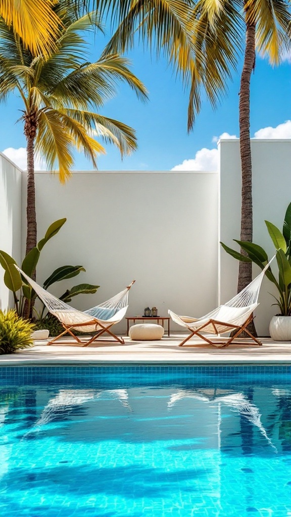 Two hammocks by a pool surrounded by palm trees and plants.