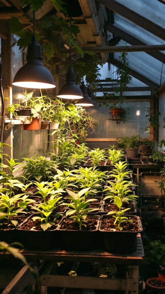 A greenhouse with seedlings under warm lighting.