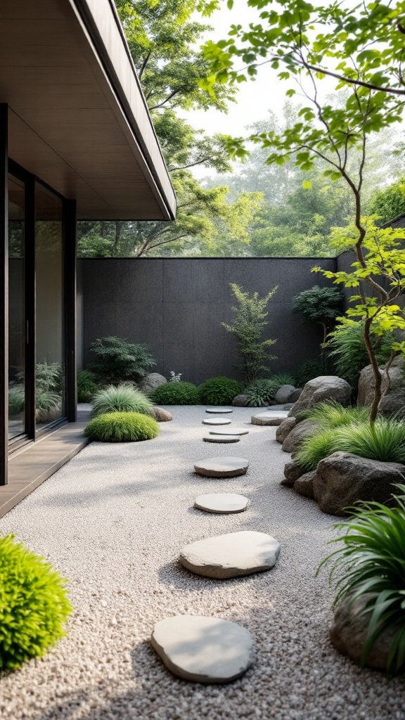 A serene Zen garden with stepping stones, greenery, and gravel.