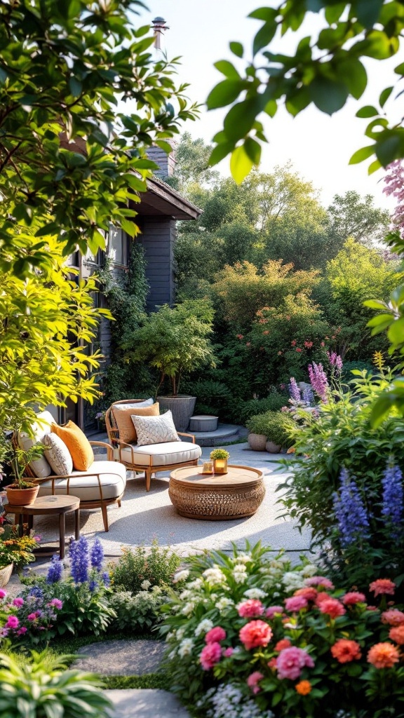 A cozy outdoor seating area with chairs and a table surrounded by flowers and greenery.