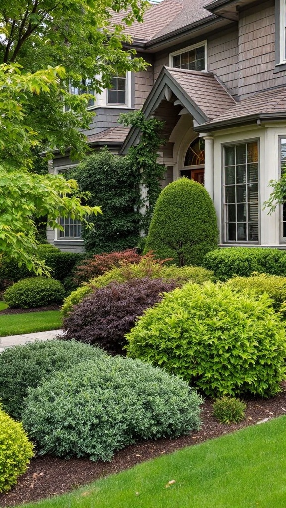 A beautifully landscaped garden with bushes of varying heights and colors.