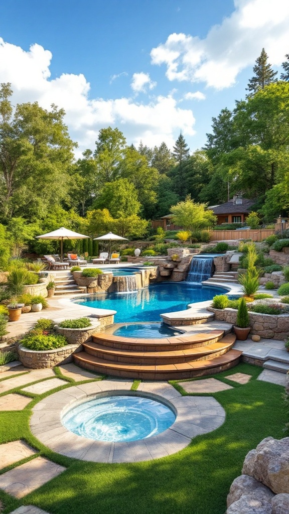 A beautiful multi-level landscape with a pool, waterfalls, and lush greenery.