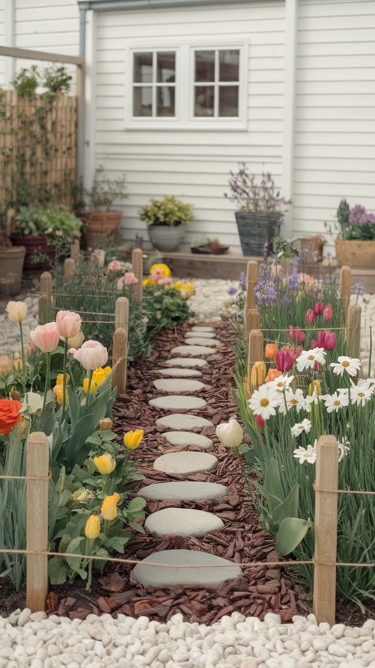 A garden pathway lined with colorful flowers and stone stepping stones.