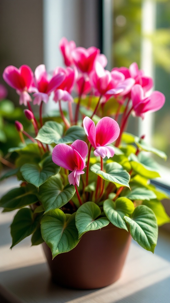 A pot of vibrant pink cyclamen flowers with lush green leaves.