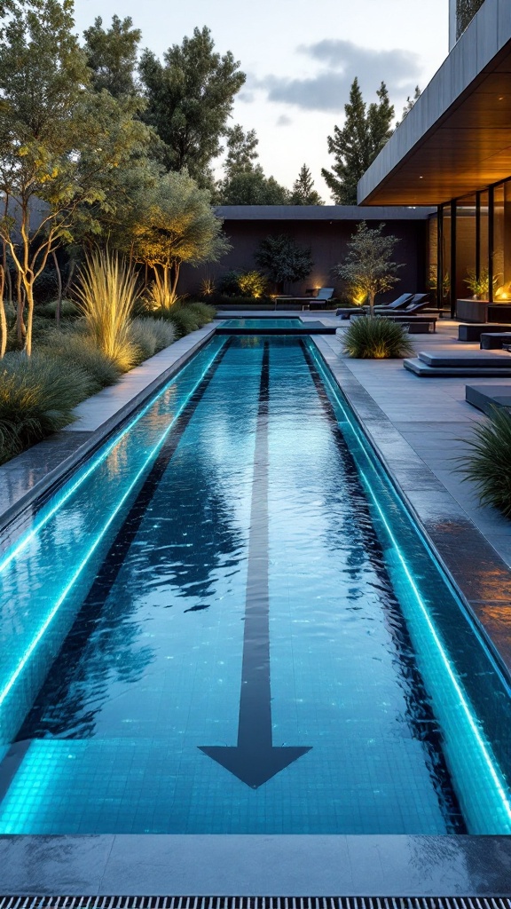 A modern lap pool with illuminated edges and a clean design, surrounded by lush greenery and outdoor seating.