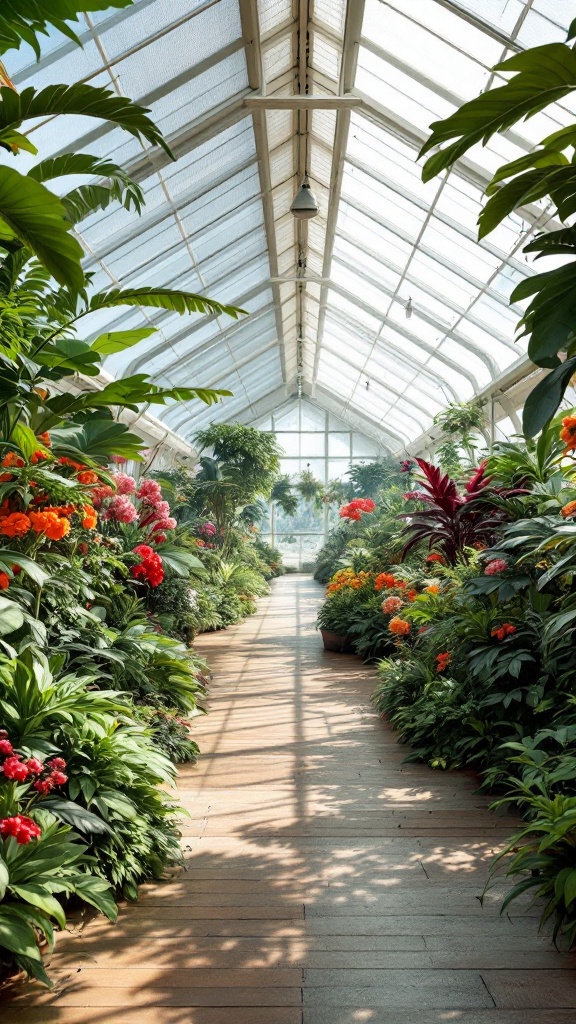 A beautifully designed greenhouse with a clear pathway surrounded by colorful flowers and lush greenery.