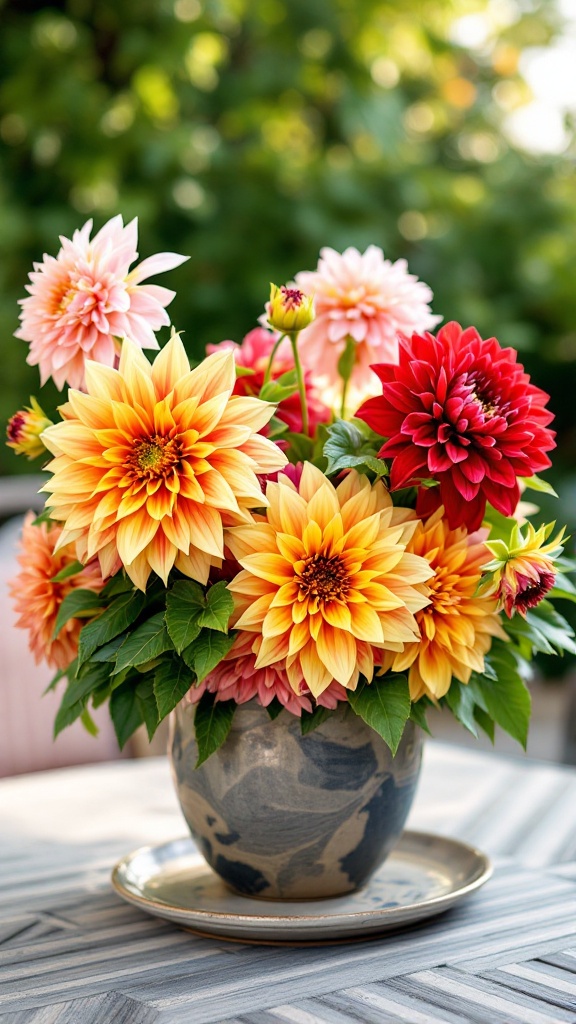 Vibrant dahlia centerpiece in a decorative bowl