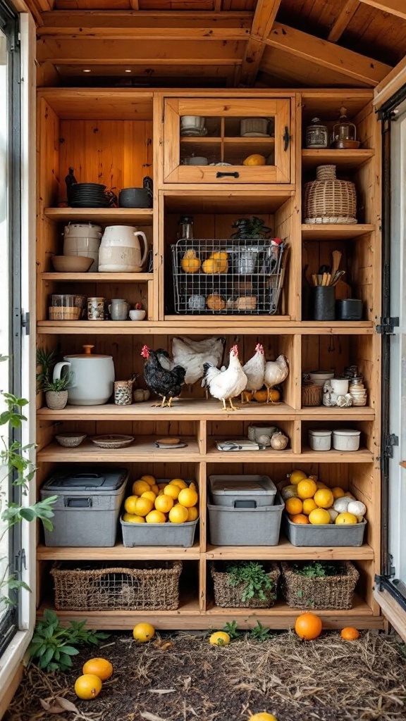 A cozy chicken house interior featuring shelves of storage, chickens, and fruits.